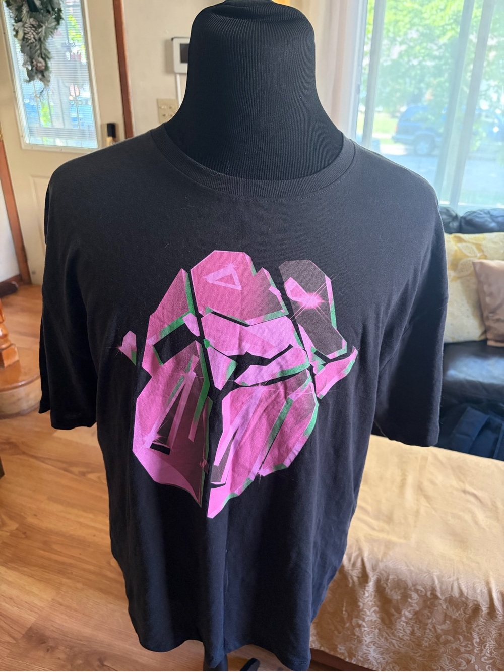 Rolling Black Graphic Tee with Pink & Green Abstract Print